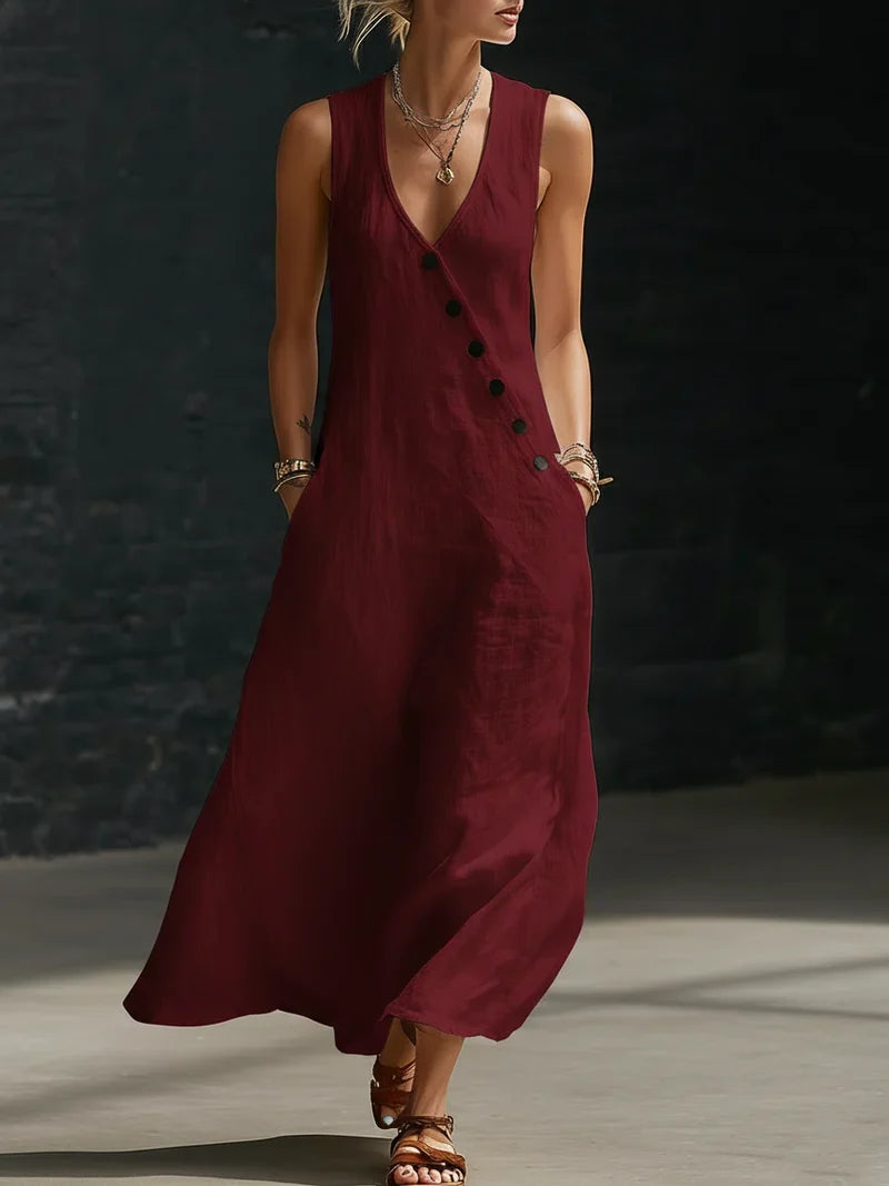 Vestido Maxi Mujer Minimalista con Botones – Estilo Elegante Fluido