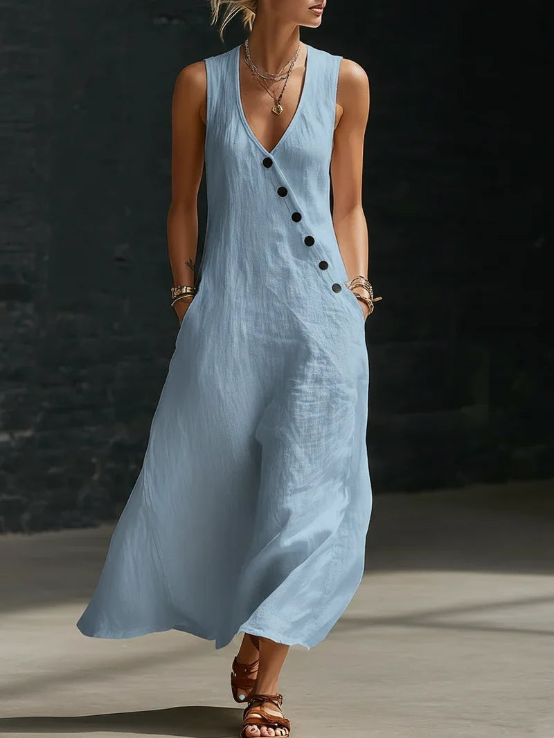 Vestido Maxi Mujer Minimalista con Botones – Estilo Elegante Fluido
