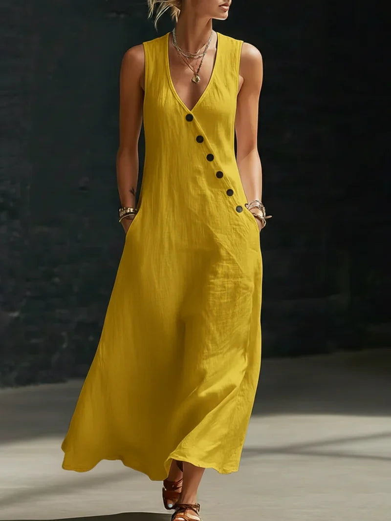 Vestido Maxi Mujer Minimalista con Botones – Estilo Elegante Fluido