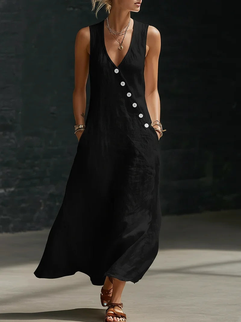 Vestido Maxi Mujer Minimalista con Botones – Estilo Elegante Fluido
