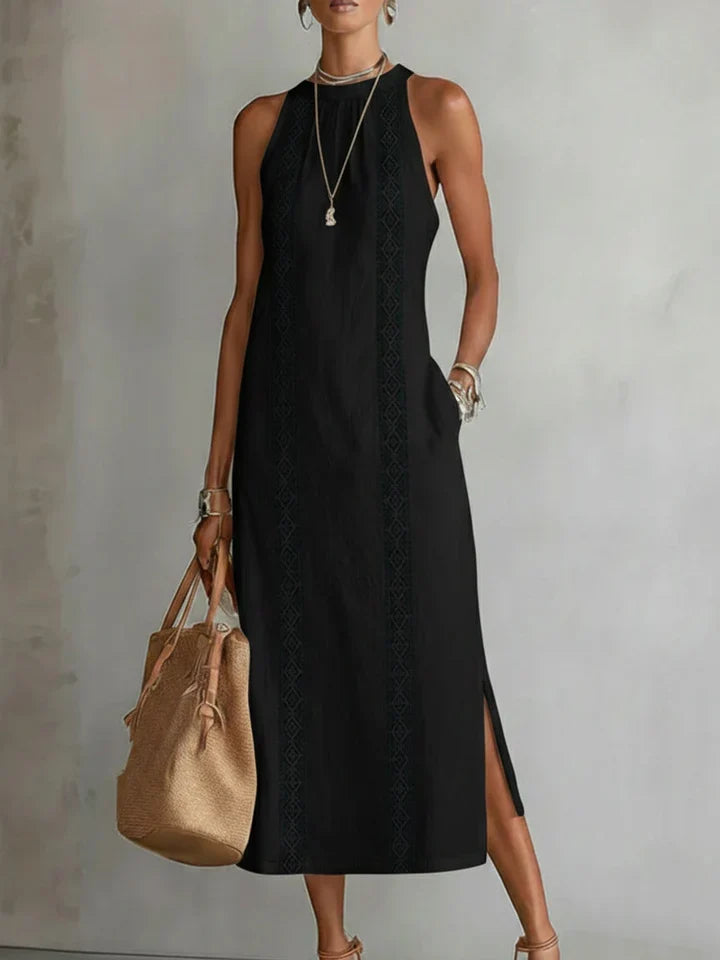 Jimena | Vestido midi de lino con cuello Mao